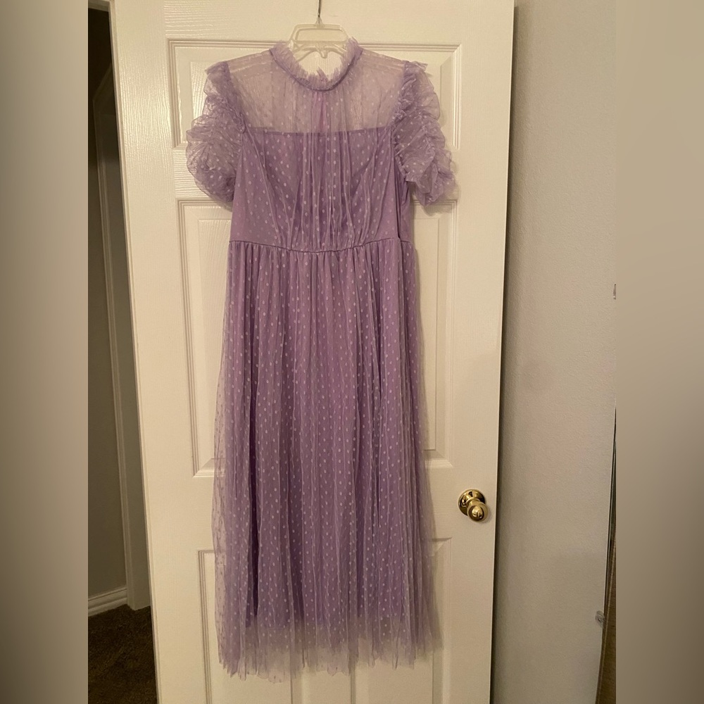 NWOT Lavender/lilac Swiss-dot rouched tea-length dress